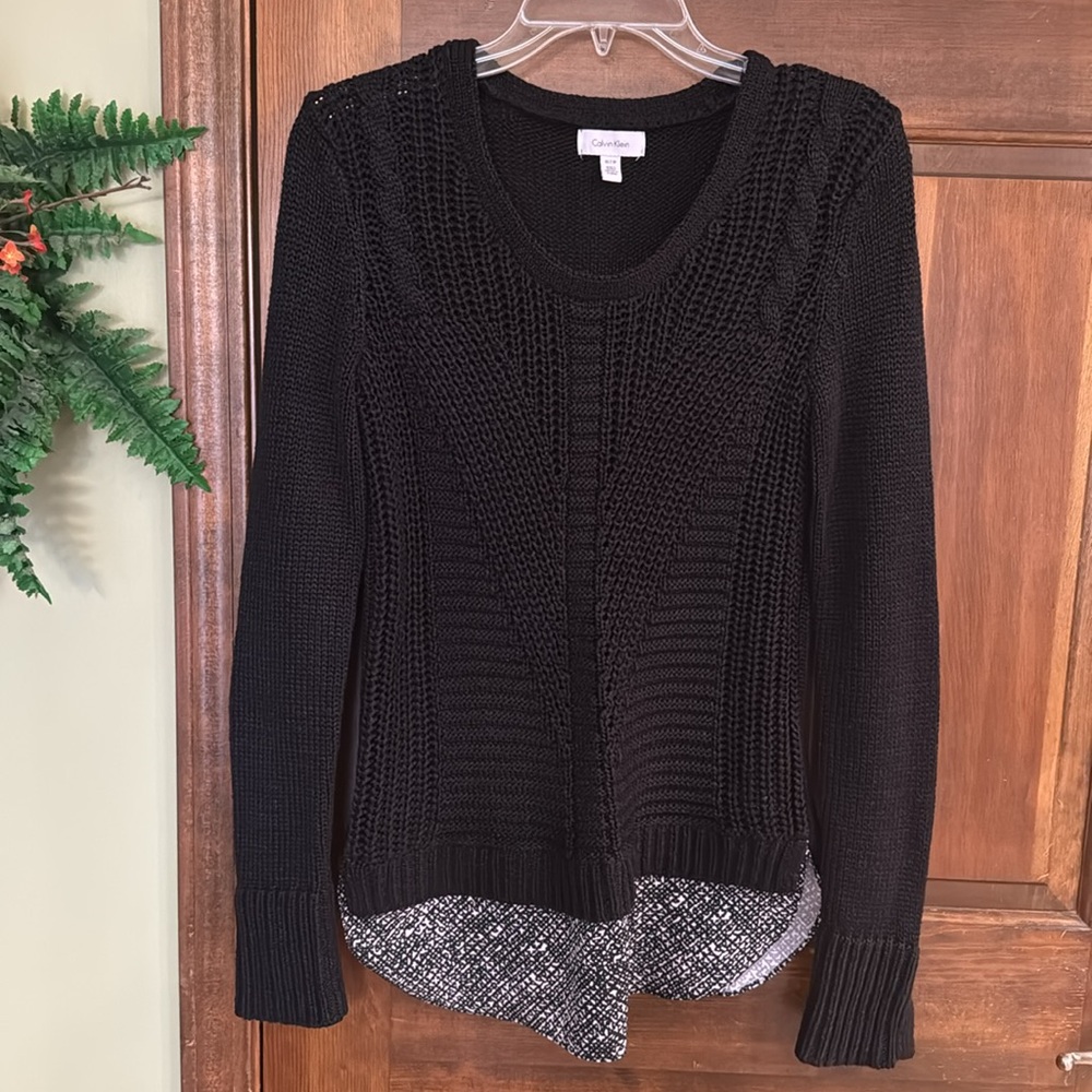 Calvin Klein Black Cable Knit Sweater with Layered Hem, XS